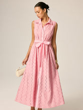 Eyelet Embroidery Belted Shirt Maxi Dress