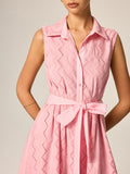 Eyelet Embroidery Belted Shirt Maxi Dress