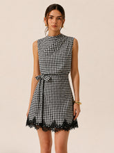 Gingham Tie-Waist Lace Trim Mini Dress