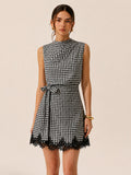 Gingham Tie-Waist Lace Trim Mini Dress