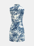 Toile Print Frog Button Sleeveless Mini Dress