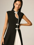 Frog Button Color Block A-Line Dress