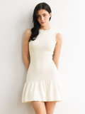 Ruffle Neck Ribbed Knit Sleeveless Mini Dress