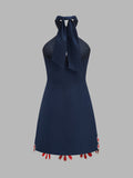 Crisscross Halter Floral Embroidered Mini Dress