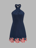 Crisscross Halter Floral Embroidered Mini Dress