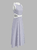 Mock Neck Waist Cutout Striped Maxi Dress