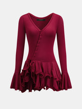 V Neck Button Flare Sleeve Ruffle Mini Dress