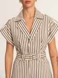 Cotton Striped Belted Lapel Romper