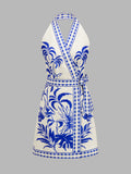 Botanical Print Halter Wrap Dress