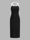 Contrast Strap Bow Back Midi Bodycon Dress