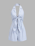 Halter Tie Front Striped Romper