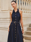 Halter A-Line Belted Denim Dress