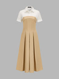 Fake Two Piece Shirt Collar Pleated Maxi Dress