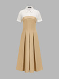 Fake Two Piece Shirt Collar Pleated Maxi Dress