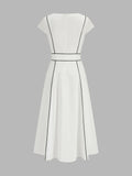 Contrast Piping Belted Cotton Linen Midi Dress