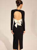 Open Back Bow Slit Long Sleeve Maxi Dress
