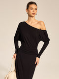 Batwing Long Sleeve Slant Shoulder Bodycon Dress