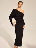 Batwing Long Sleeve Slant Shoulder Bodycon Dress