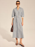 Striped Belted Tie Cuff Shirt Midi Dress