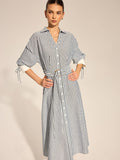 Striped Belted Tie Cuff Shirt Midi Dress