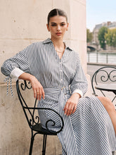 Striped Belted Tie Cuff Shirt Midi Dress