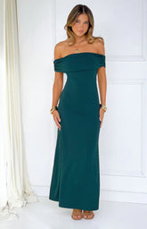 Erica Teal Crepe Off the Shoulder Maxi Dress