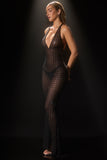 Embellished Semi-Sheer Halterneck Gown in Black