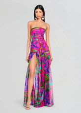Nicole Silk Chiffon Dress in Tropical Leaf