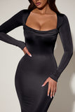 Cowl-Neck Long-Sleeve Midaxi Dress in Black