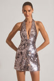 Sequin-Embellished Halterneck Mini Dress in Silver