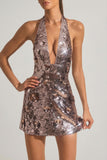 Sequin-Embellished Halterneck Mini Dress in Silver