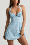 Halterneck A-Line Mini Dress in Blue Flower Print