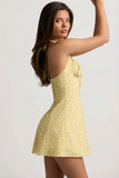 Halterneck A-Line Mini Dress in Yellow Flower Print