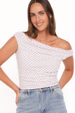 Aaron Off Shoulder Top - Pale Pink Dot