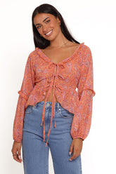 Isolt Tie Front Top - Orange Paisley