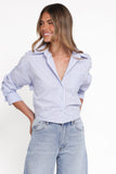 Vienne Tie Back Button Up Shirt - Blue/Brown Stripe
