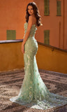 Strapless 3D floral lace fitted gown with high slit