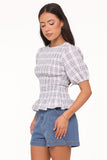 Callista Shirred Waist Top - Light Blue Plaid