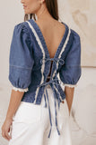 Merli Denim Open Back Top - Blue Medium Wash