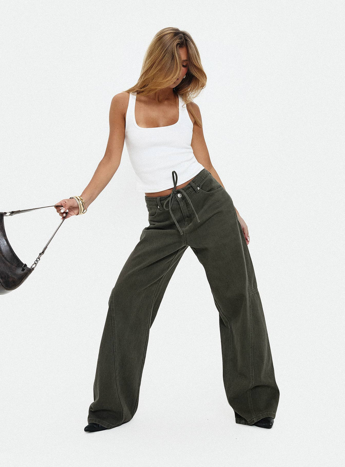 Bruiser Tie Waist Mid Rise Wide Leg Jeans Green Petite