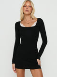 Orlla Square Neck Lace Detail Long Sleeve Mini Dress Black