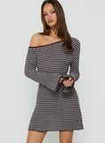 Katileya Off Shoulder Long Sleeve Mini Dress Brown / Blue Stripe