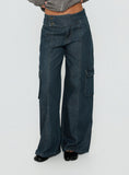 Nikoletta Mid Rise Wide Leg Cargo Jeans Dark Blue Wash