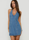 Say Goodnight Denim Halter Mini Dress Bright Blue Wash