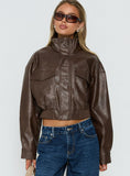 Ace Player Funnel Neck Faux Leather Jacket Brown