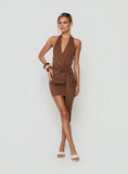 Amiamora Plunge Halter Scarf Mini Dress Brown