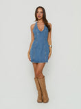 Say Goodnight Denim Halter Mini Dress Bright Blue Wash