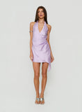Landree Wrap Halter Satin Mini Dress Lilac