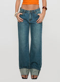 Toros Mid Rise Wide Leg Foldover Denim Jeans Mid Blue