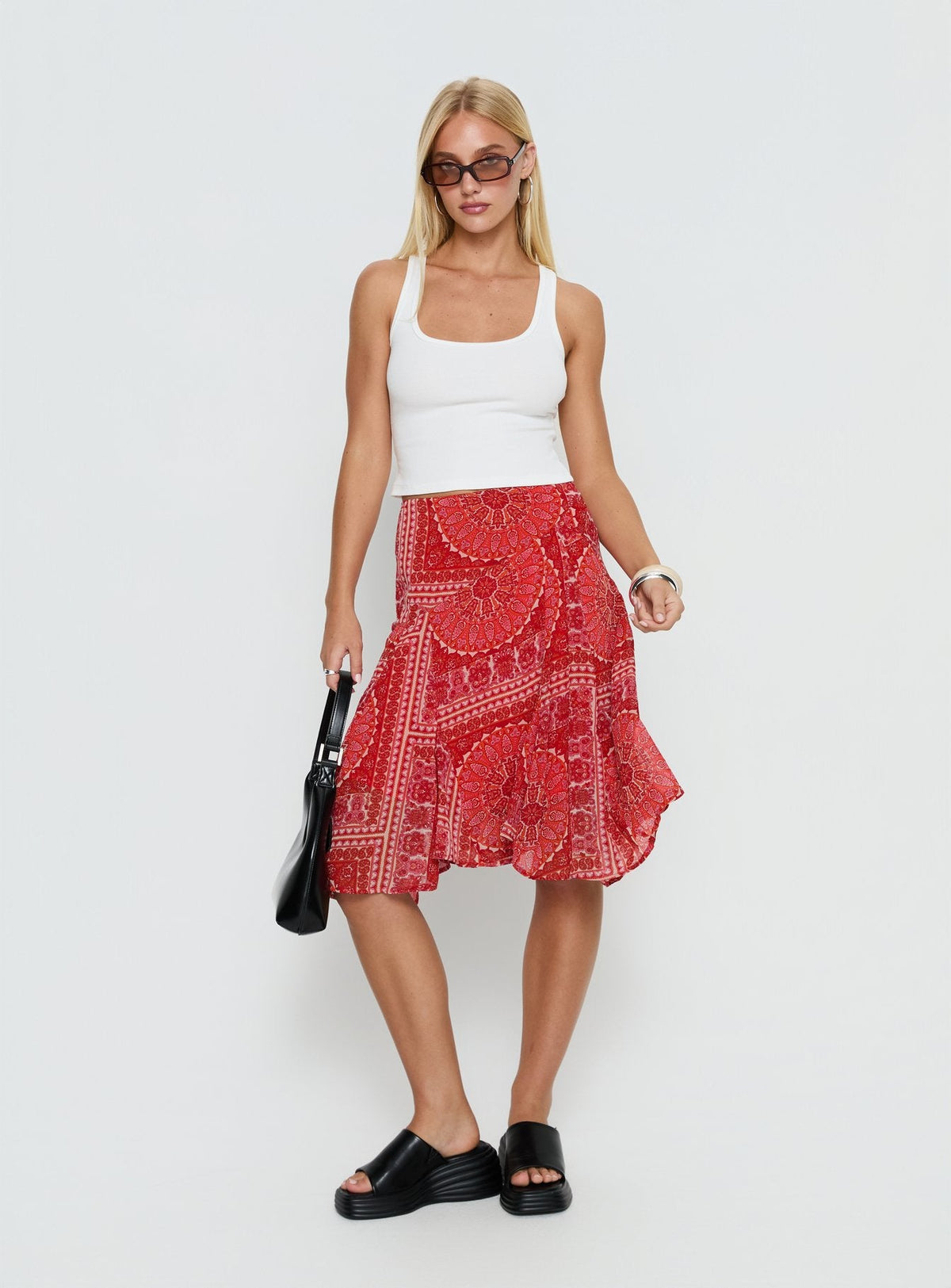 Raenah Asymmetrical Midi Skirt Red Paisley